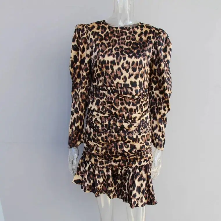 Winter Leopard Bodycon Dress Elegant Puff Sleeve Celebrity Sexy Ruffles Evening Party Long Dresses Women | Женская одежда