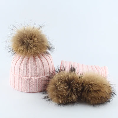 pink set Модные детские зимние шапки с большим меховым помпоном, вязаная теплая шапка для детей, вязаная шапочка с помпоном для мальчиков и девочек - Цвет: pink set