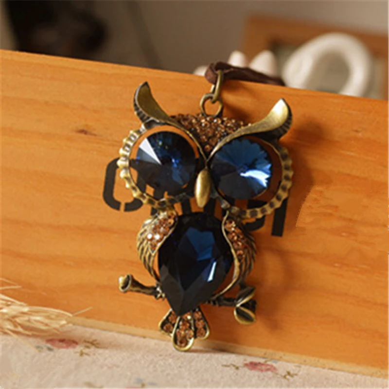 8SEASONS Fashion Jewelry Vintage Bronze Color Owl Created Gem Stone Blue Dark Brown Pendants Leather Rope Chain Necklace 1 Pc | Украшения и