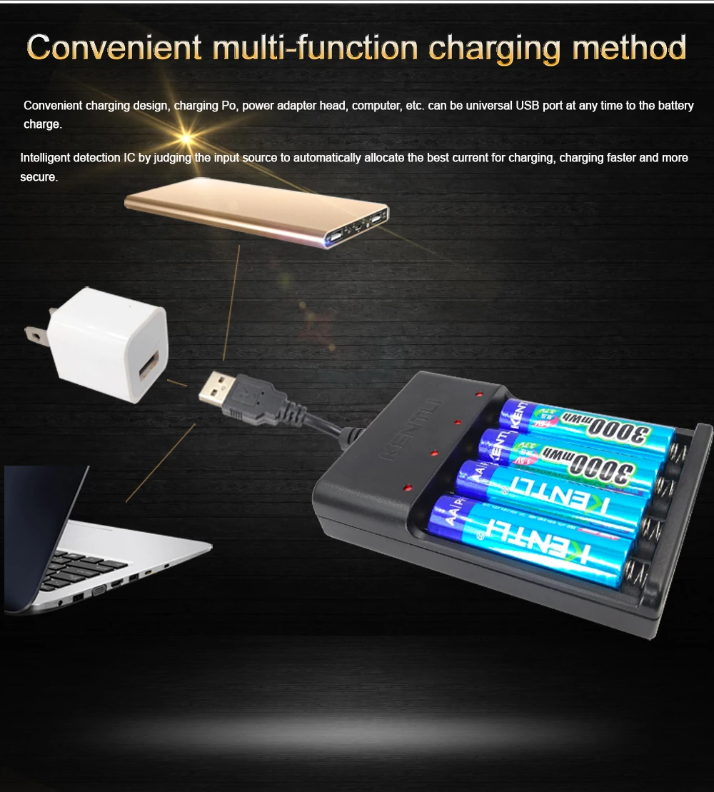 KENTLI  1.5v 3000mWh no memory effect aa rechargeable li-ion polymer lithium battery + 4 slots USB Charger