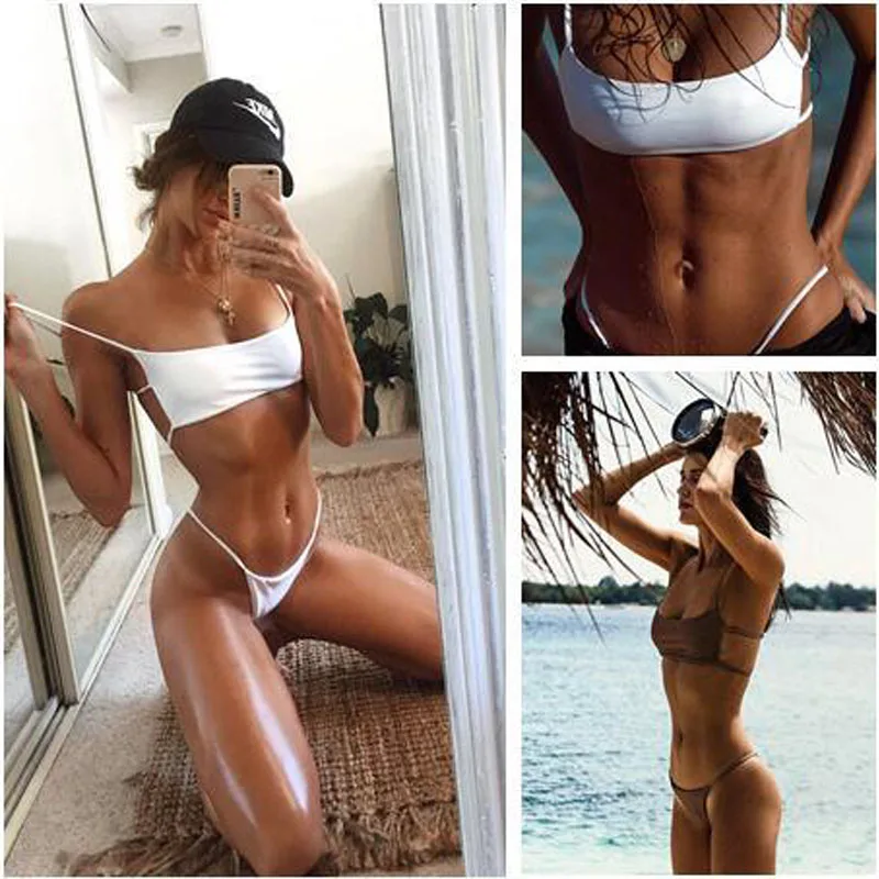 Женский купальник пуш ап однотонное бикини с микро эффектом купальный костюм