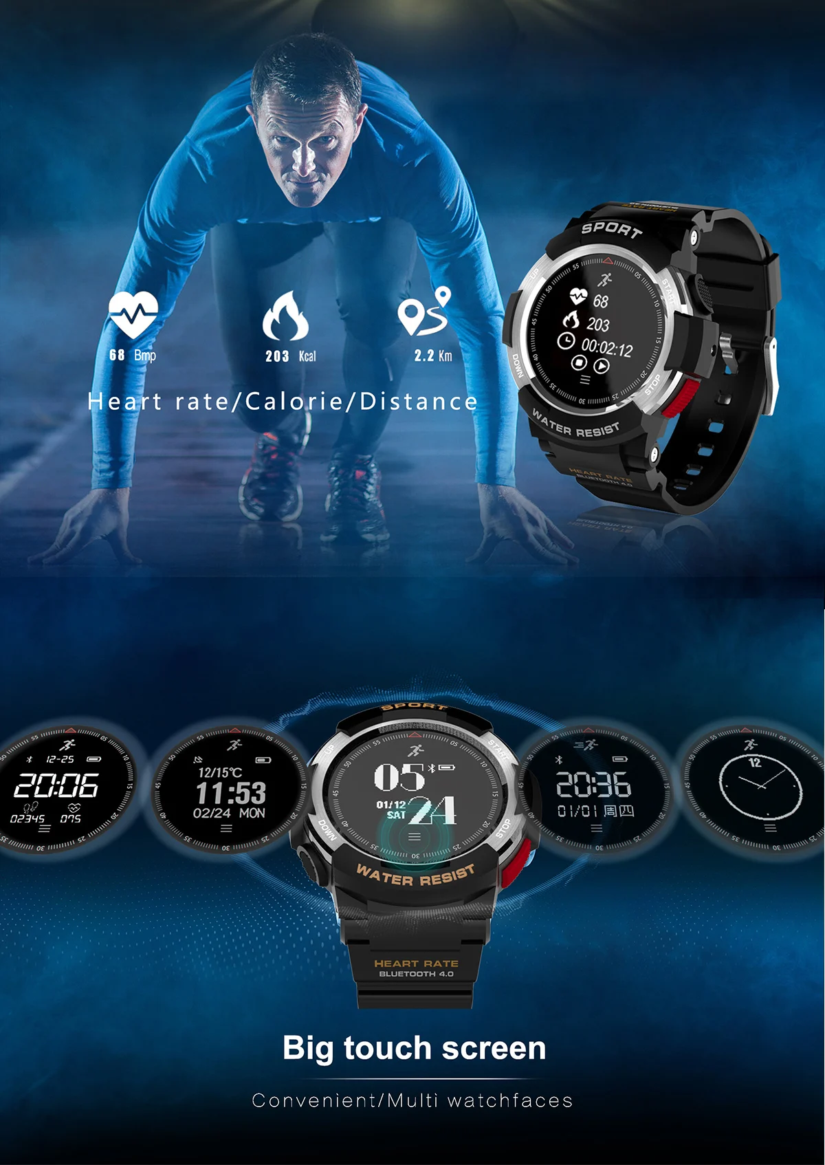 Мужские умные часы F6, умные часы с Bluetooth 4.0IP68, водонепроницаемые, gps, мониторинг сердечного ритма, шагомер для Android IOS
