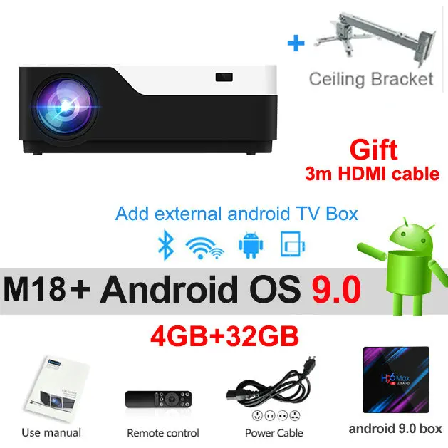 android 9.0 bracket Vivicine M18 Full HD светодиодный проектор, дополнительно Android 9,0 HDMI USB PC 1080p домашний мультимедийный видеопроектор - Цвет: android 9.0 bracket