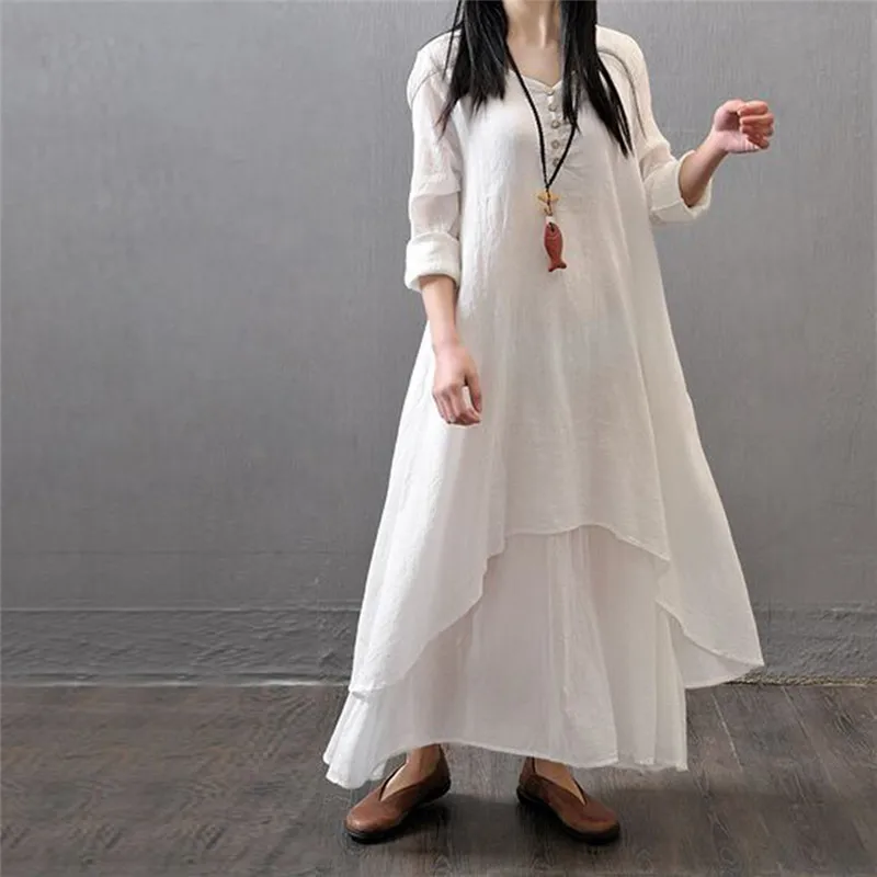 2019 Большой размер Макси платья женские фальшивые два предмета с длинным рукавом