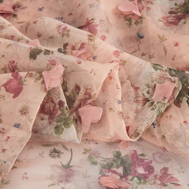 Chiffon flower embroidery pink women's dress fabric curtain three-dimensional | Дом и сад