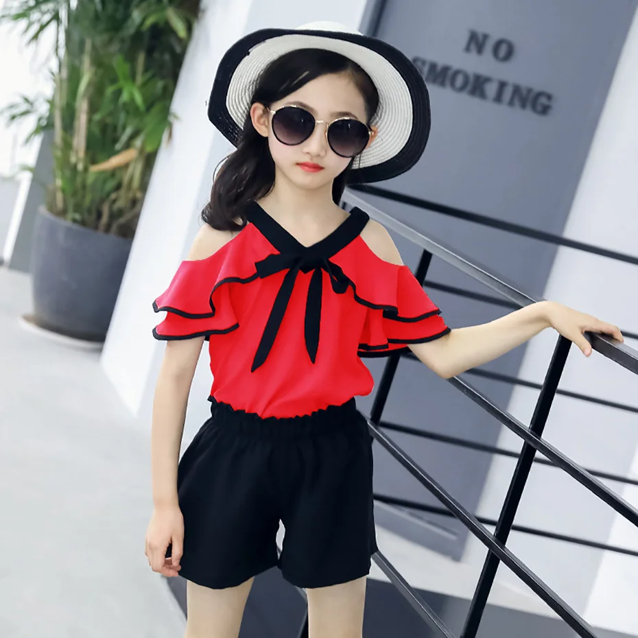 Комплект летней одежды для девочек комплект детской с открытыми плечами 6 8 12 лет