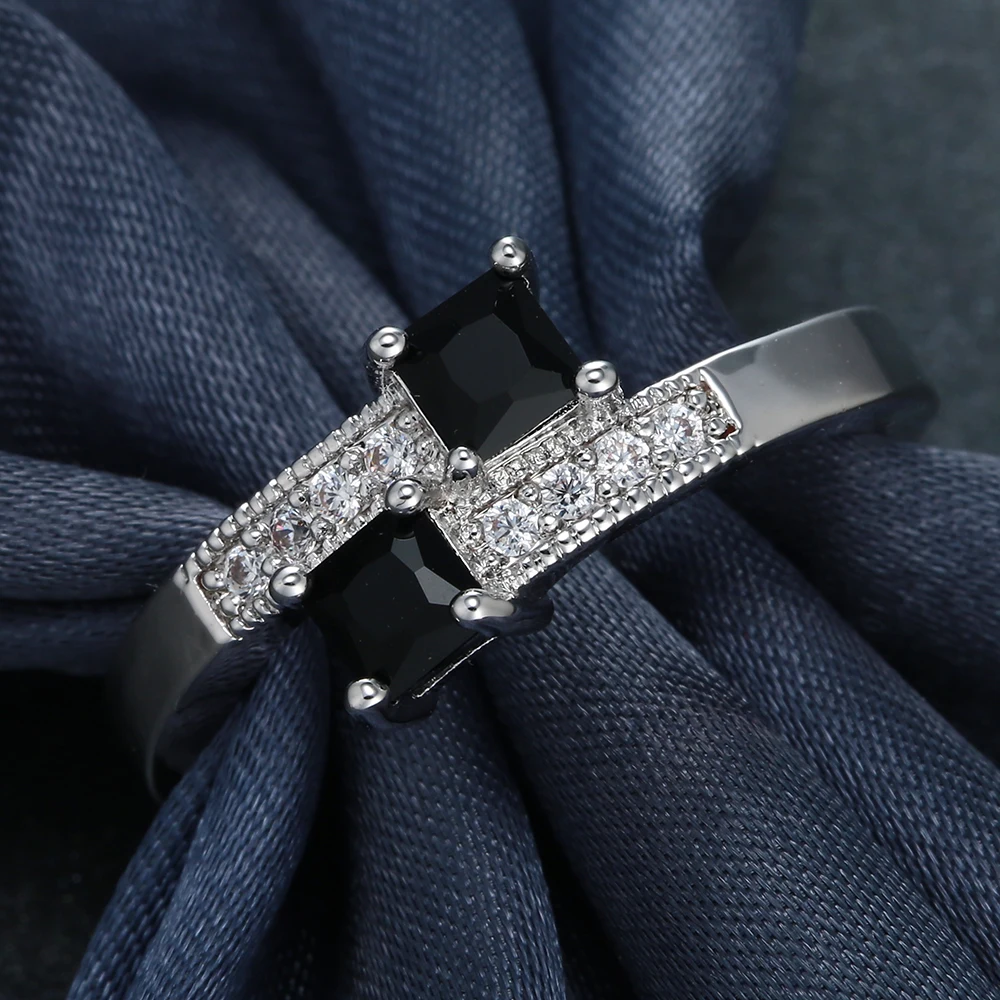 Модные кольца с черным цирконием квадратное серебряное покрытие для женщин