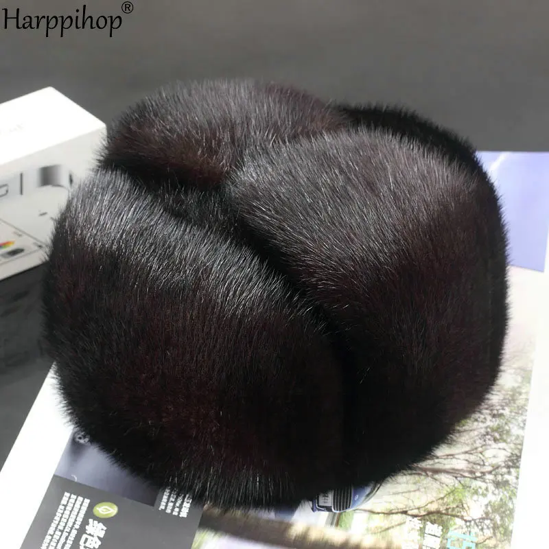 Harppihop*men mink fur hat Men's Mink Fur Trapper Cap Genuine Sheepskin Leather Hunting Hat Ushanka
