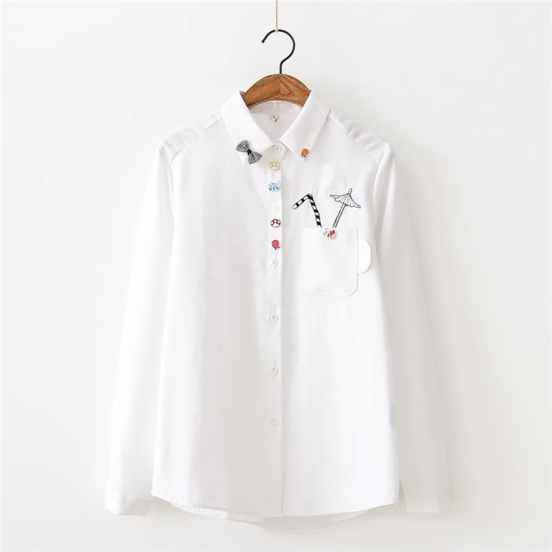 

2019 Spring New Sweet Japanese Pocket Umbrella Embroidery Shirt Female Student Oxford Textile Fashion Temperament Student Shirt