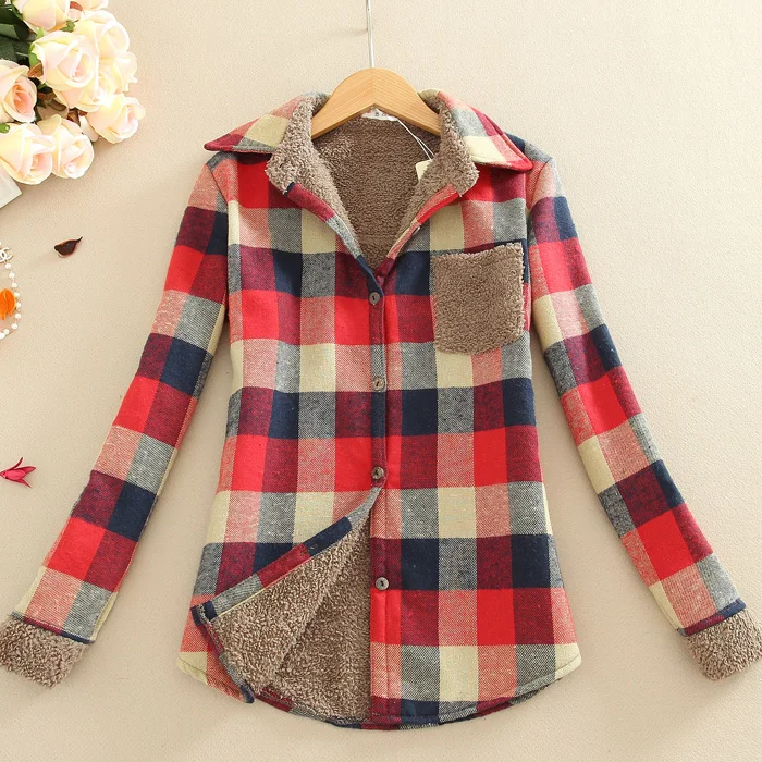 Толстый бархат Blusas зима хлопок с длинным рукавом Женская фланелевая рубашка в