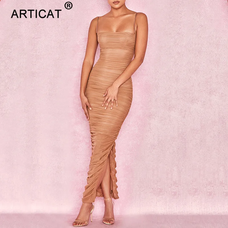 Articat, сексуальное, прозрачное, Сетчатое, вечерние, женское платье,, без бретелек, с разрезом, длинное, макси платье, элегантное, Осеннее, облегающее, плиссированное платье, Vestidos