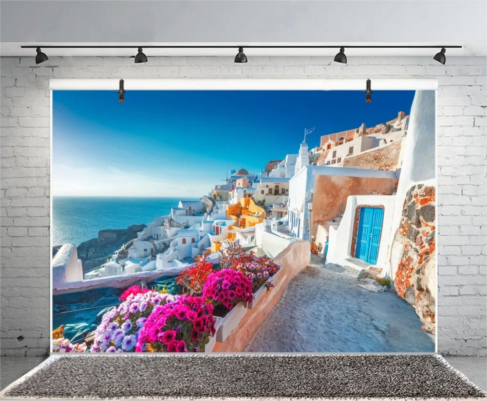 

Laeacco Seaside Town Vacation Scene Baby Photography Backgrounds Customized Santorini Photographic Backdrops For Photo Studio