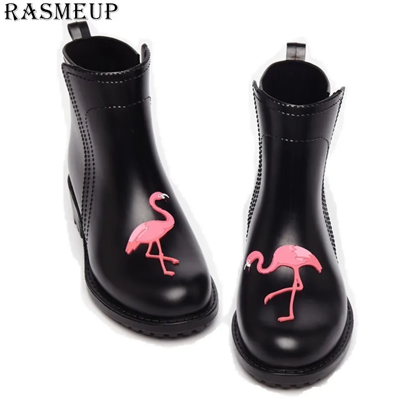 Резиновые сапоги RASMEUP женские из ПВХ с фламинго водонепроницаемые на каблуке