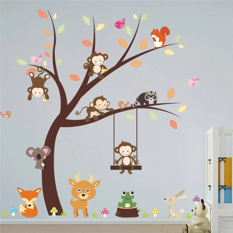Jungle Wild Animals Monkey Настенная Наклейка с птичьим деревом для детских комнат ТВ фон