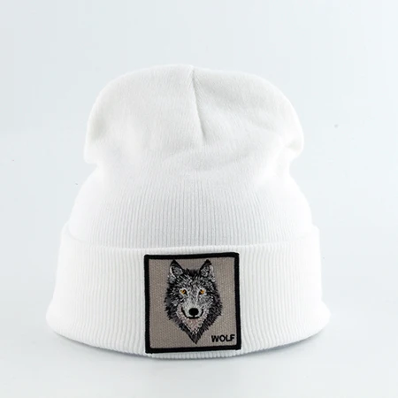 wolf white Новая модная мужская шапка с вышивкой в виде животного волка, зимние шапки, вязаные шапки для мужчин, уличная одежда в стиле хип-хоп, шапка Skullies - Цвет: wolf white