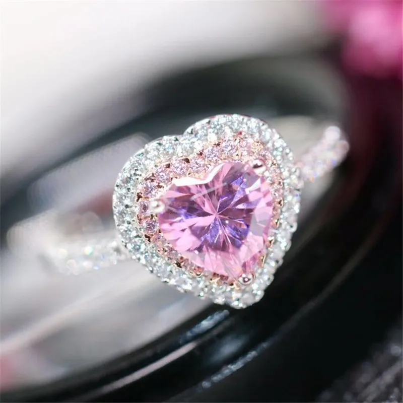 

S925 Sterling Rings For Women Heart Pink Diamant Lover Bridal Wedding Ring Fine Jewelry Temperament Bijoux Femme