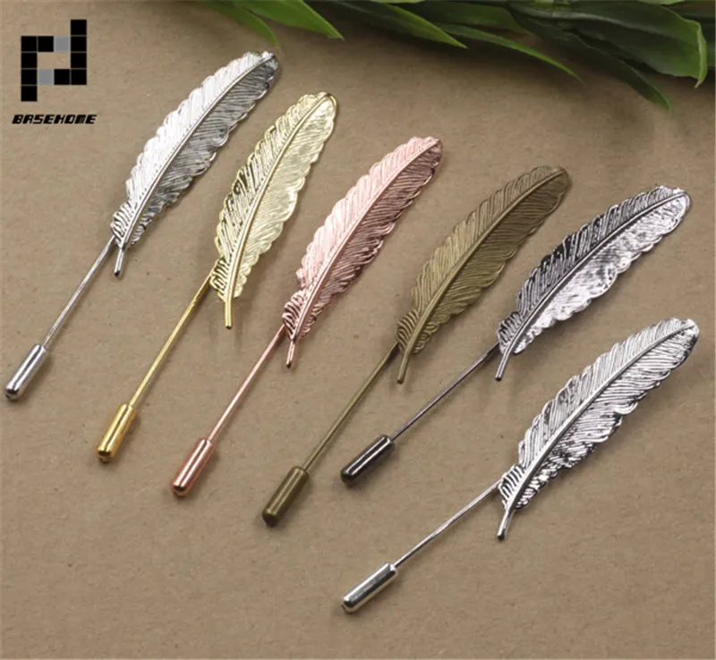 

BASEHOME 10pcs/lot Copper Feather Lapel Pin for Men Suits Fashion Long Safety Brooch Stick Pin Brand Brooch DIY Jewelry