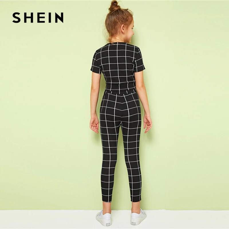 SHEIN/детский черный клетчатый топ со стоячим воротником и леггинсы повседневный комплект для детей г. Летние детские облегающие костюмы с короткими рукавами