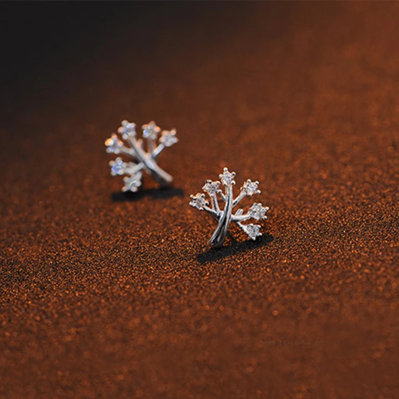

100% Sterling Silver Wishing Tree stud earrings for Women Brief pure SilverJewelry Womens Austrian Crystal Ladies Birthday Gift