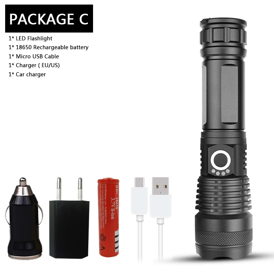 Package C Светодиодный фонарик cree xhp50, зарядка через usb, растягивающийся, ударопрочный, мощный, 18650 или 26650, перезаряжаемый фонарик - Испускаемый цвет: Package C