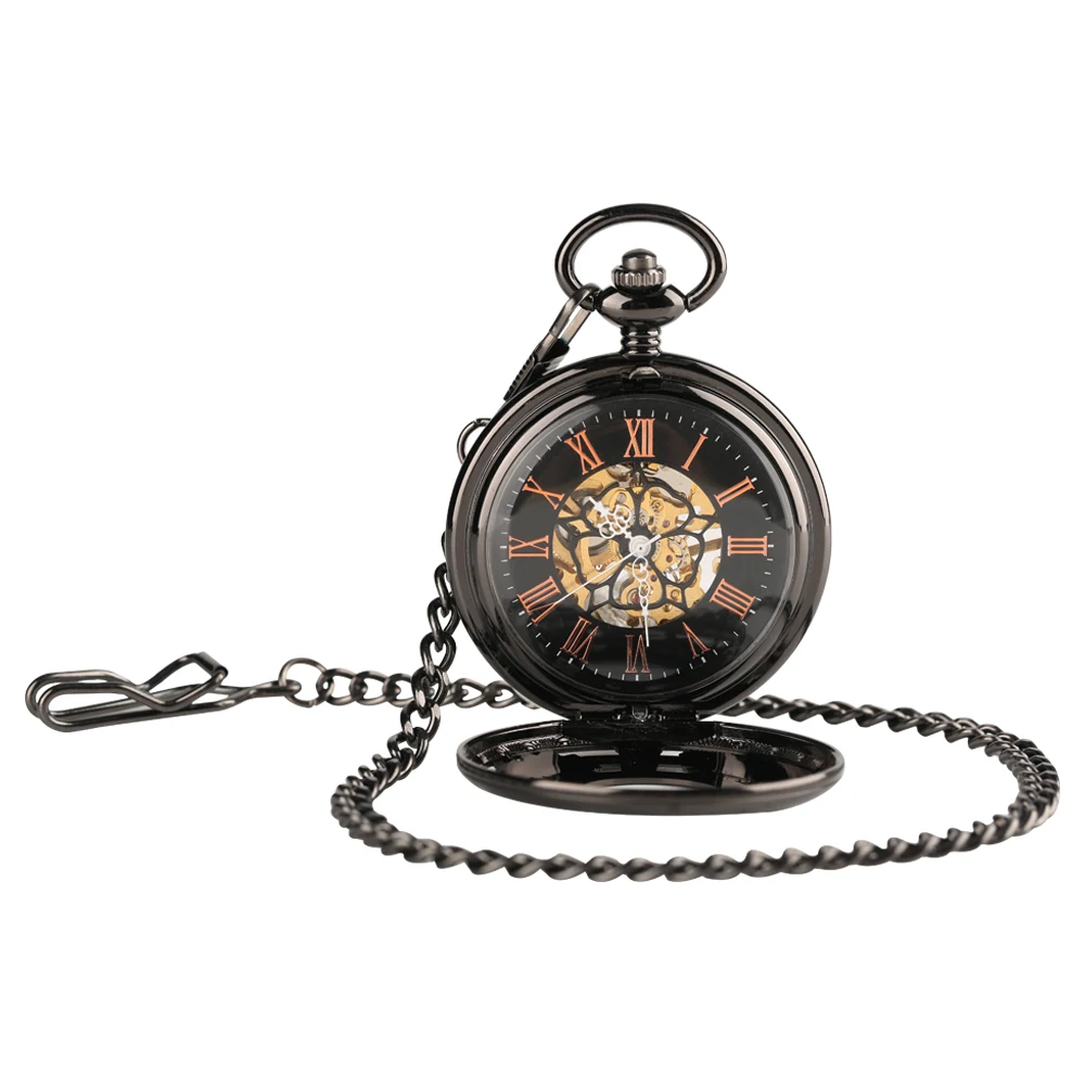 Antique Hand Mechanical Pocket Watch Vintage Gear Wheel Full Hunter Black Pendant Necklace Pocket Clock Gift for Women Men