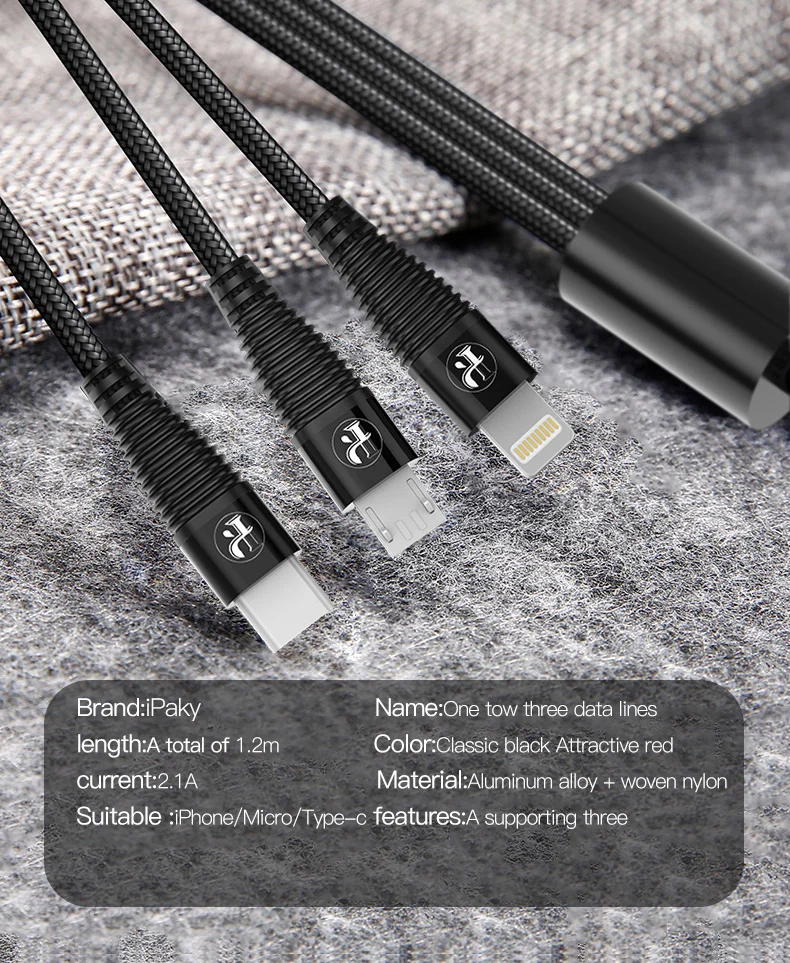 IPAKY 3 в 1 USB кабель 3A для мобильного телефона Micro usb type C зарядный кабель для iPhone XR XS Max X huawei кабель для быстрой зарядки данных