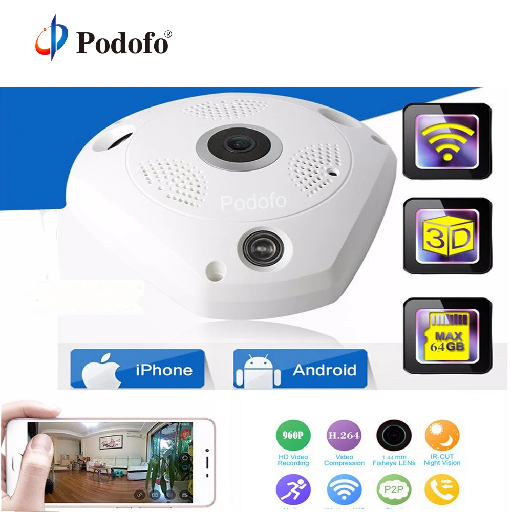 Podofo 960P H2.64 VR Беспроводная ip камера рыбий глаз 360 панорамная 3D HD ночное видение Wi Fi