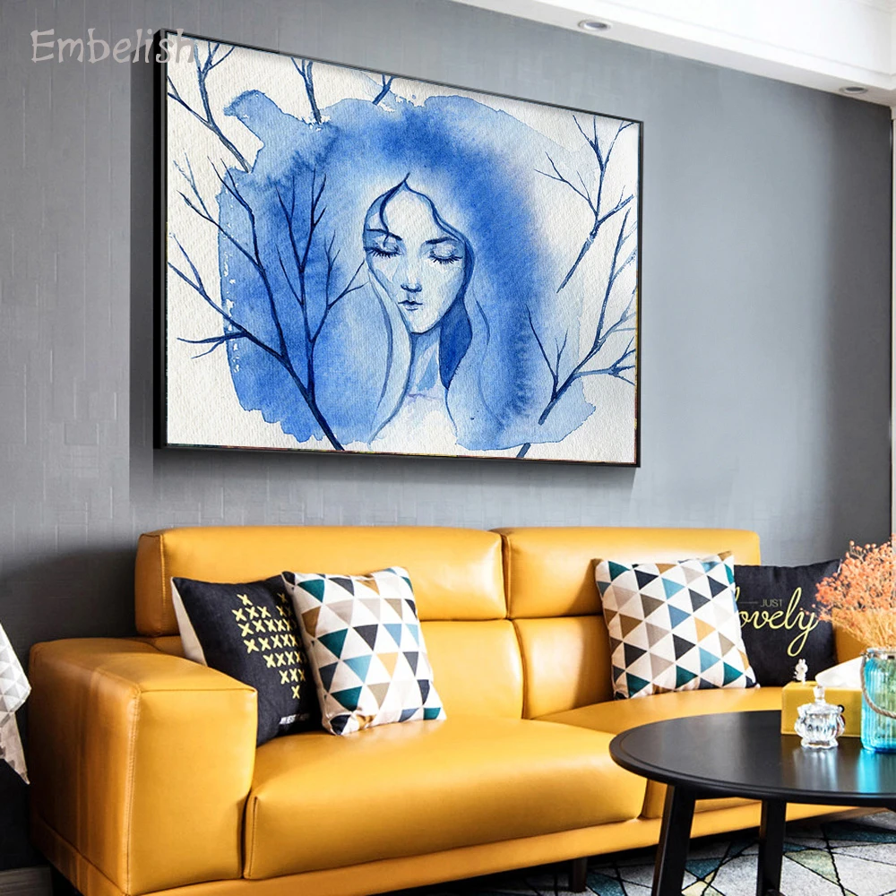 

Embelish 1 Pieces Watercolor Women Face In Blue Color Home Decor Large Wall Posters For Living Room HD Canvas Paintings Pictures
