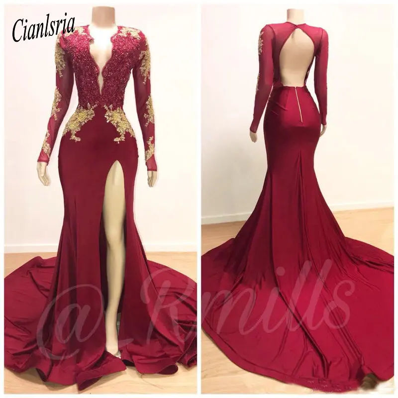 

Dark Red Sexy Mermaid Prom Dresses V-Neck Long Sleeves Sequined Beaded Special Occasion Dresses Formal Evening Dresses Wear