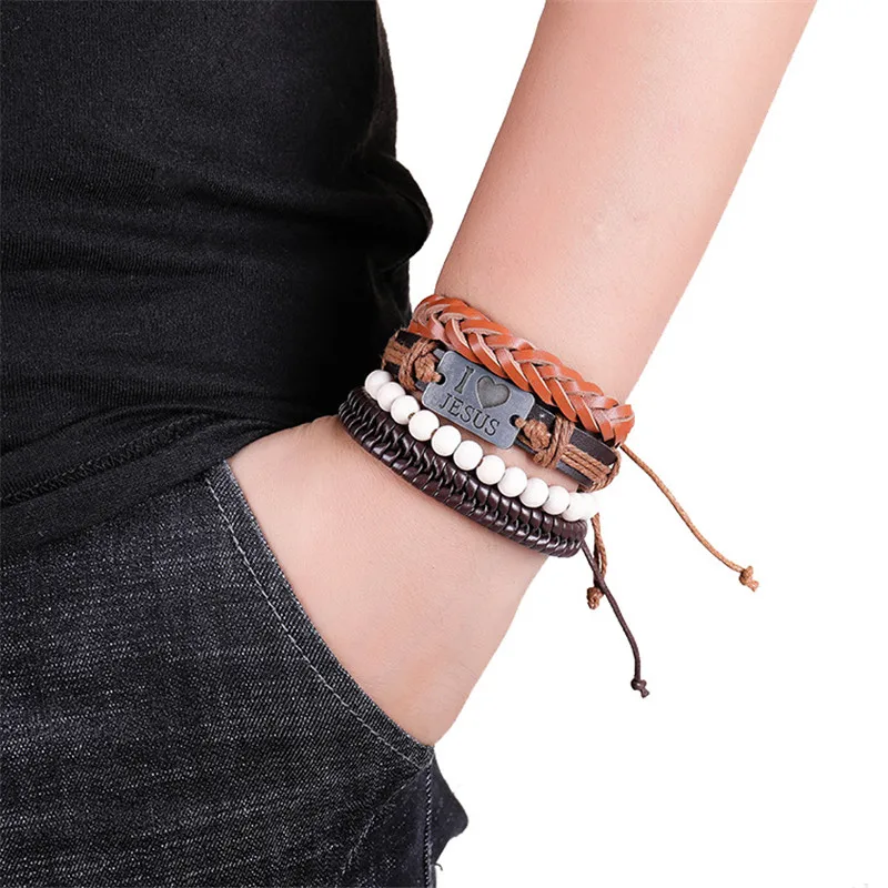 Мужской кожаный браслет Homens Pulseira многослойный с бусинами повседневные ювелирные