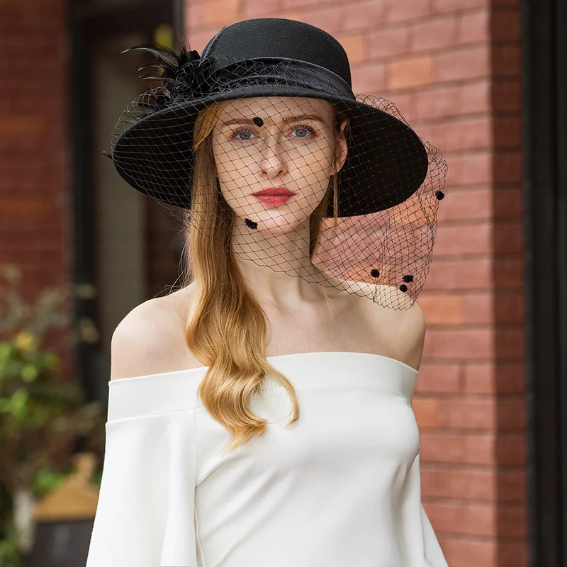Lady Fedoras Hat Girls Wide Brim Wool Veil Hats Dome Party Cap New Design Woolen Hats Fashion Elegant Hat Adjust A10