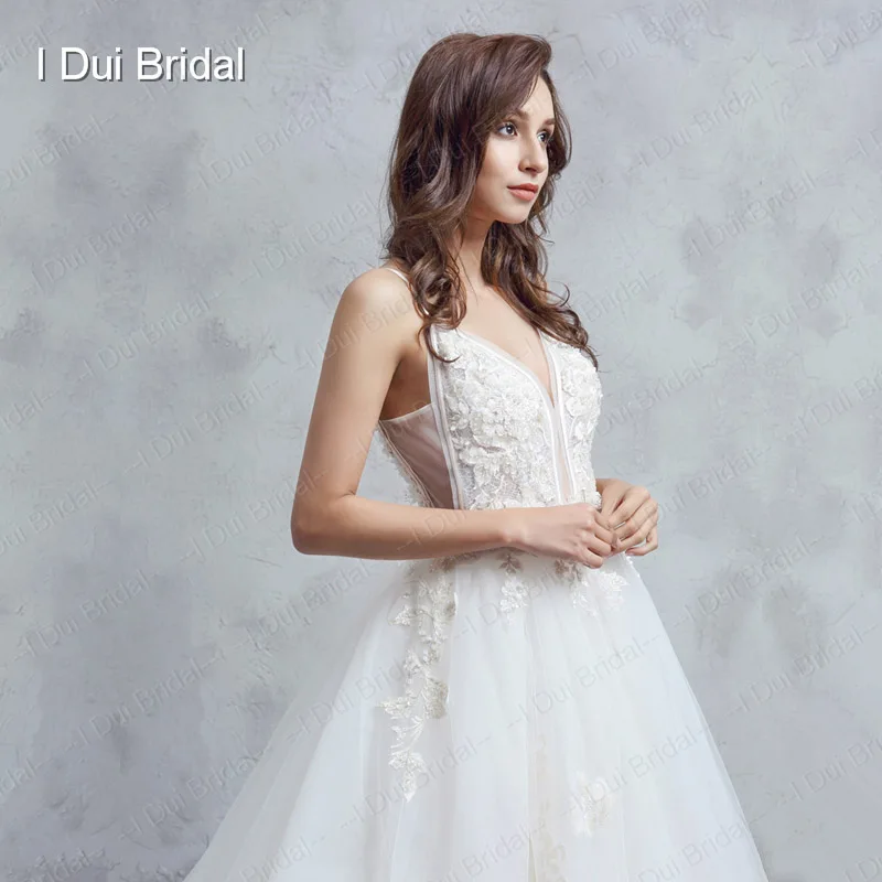 Spaghetti Strap Wedding Dress Sexy A line Lace Appliqued Bridal Gown