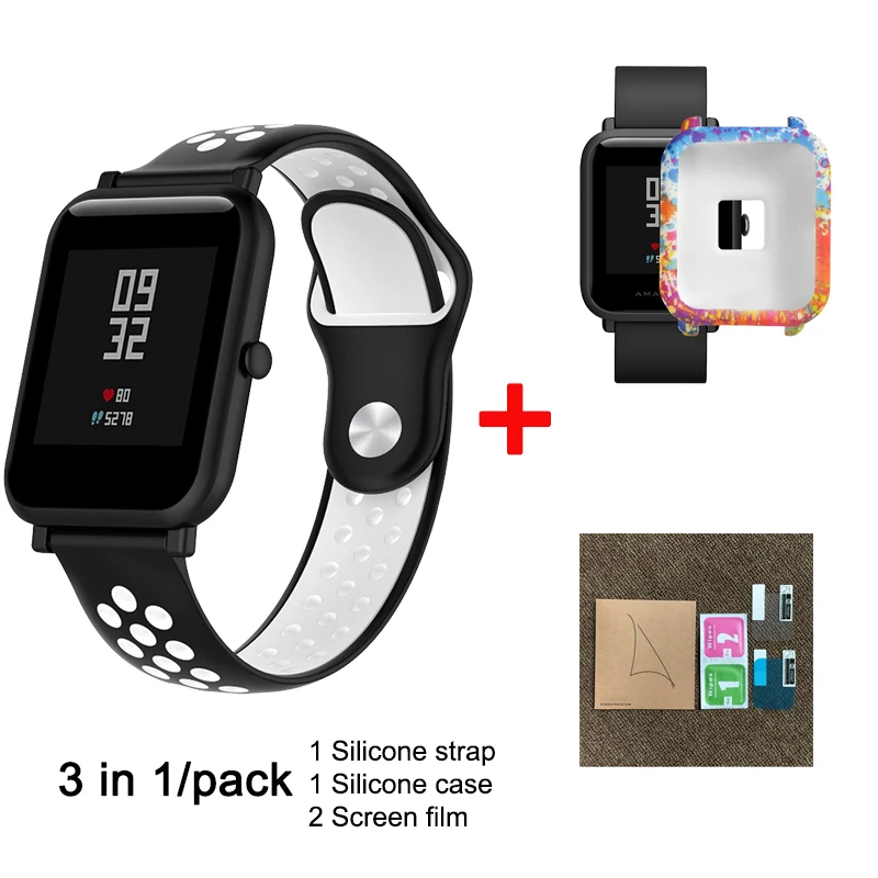 3 в 1 для Xiaomi Huami Amazfit Bip Молодежные умные часы, аксессуары для Xiaomi Amazfit, ремешок для часов, силиконовый чехол, защитная пленка