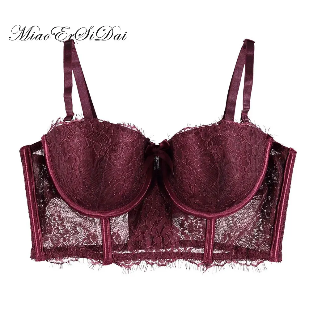 

MiaoErSiDai Push Up Lace Wedding Bra Demi Soutien Gorge Maroon Sexy Bra