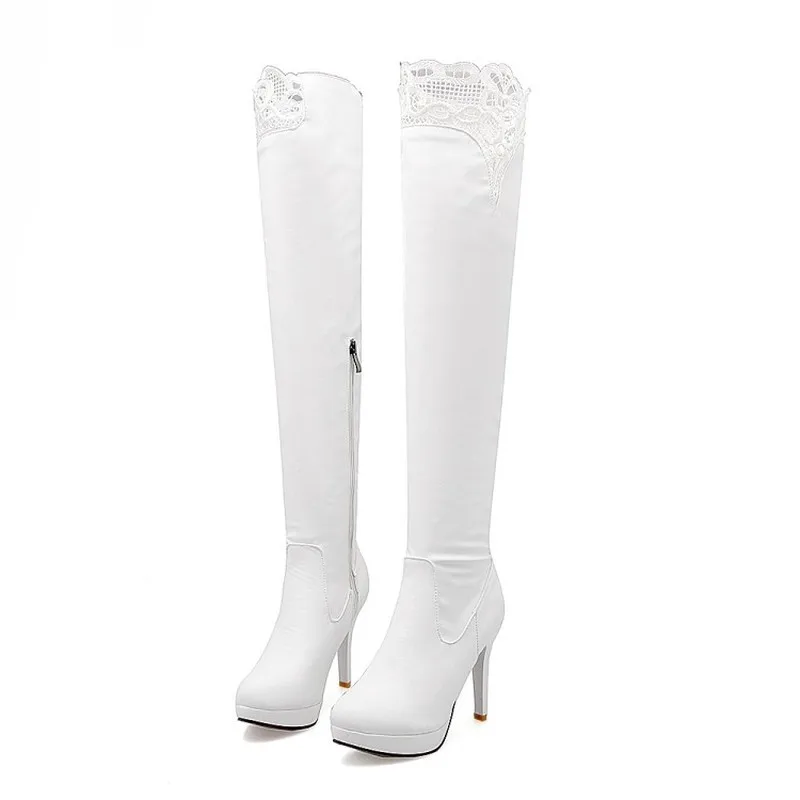 

Women Boots Autumn Winter Super High Heel Over The Knee Round Toe Zip Lace Stitching Spike Heel 2019 New Stretch Boots White