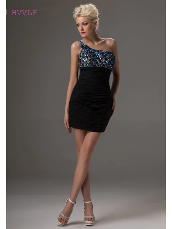 

Black Elegant Cocktail Dresses Sheath One-shoulder Short Mini Chiffon Beaded Crystals Plus Size Party Homecoming Dresses