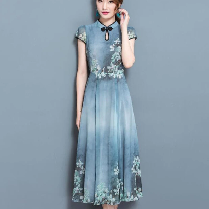 Новое Женское летнее платье Qipao элегантное винтажное праздничное шифоновое