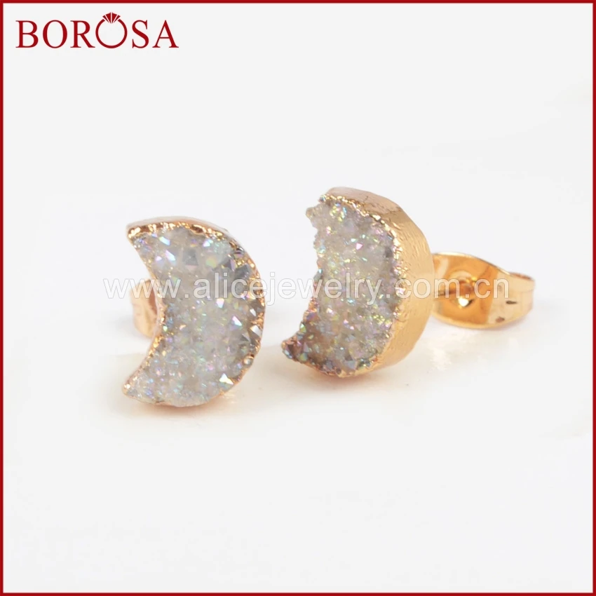 Серьги гвоздики BOROSA с золотым ободком в форме Луны разноцветный натуральный