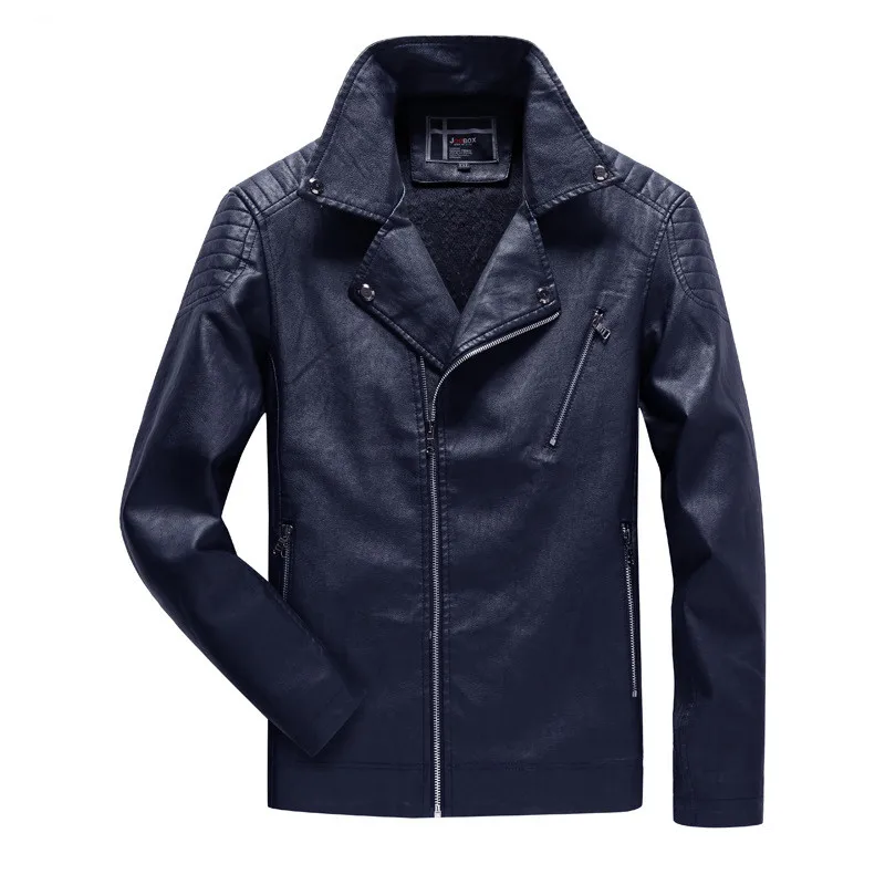 Зимняя Флисовая теплая кожаная куртка мужская однотонная PU мотоциклетная