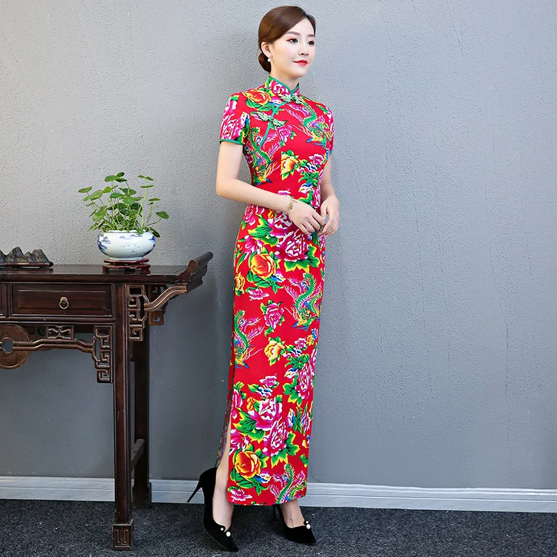 Восточное винтажное Стильное женское платье до щиколотки Qipao размера плюс 3XL 4XL 5XL для сцены Cheongsam с цветочным принтом китайское платье