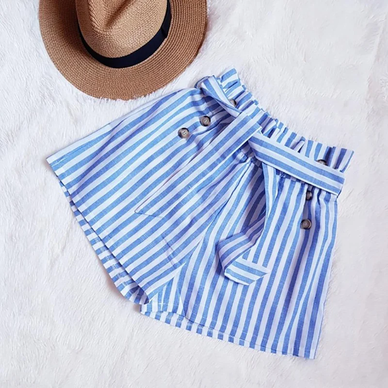 Blue High Waist Striped Sashes Shorts Women 2019 Summer Sexy Button Mini Harajuku Ladies Female|Женские шорты| |