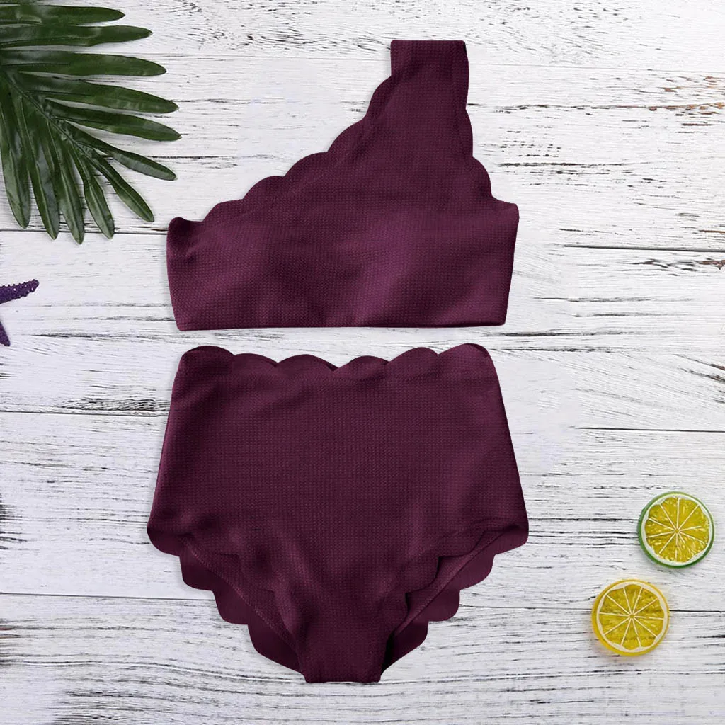 Summer Lady High Waisted Swimsuit Two Pieces Scalloped Trim One Shoulder Bikini Padded Bra Swimwear Solid Purple Green Beachwear |
