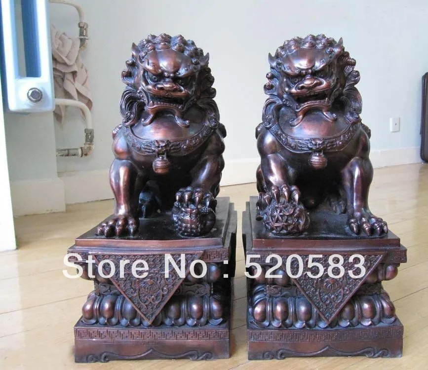 17inch China Regius Pure Red Bronze Palace Door Evil Fu Foo Dog Lion Statue Pair |