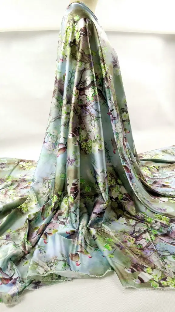 Новые зеленые цветы с принтом птиц бросать 19 мм упругие атласа шелковой ткани