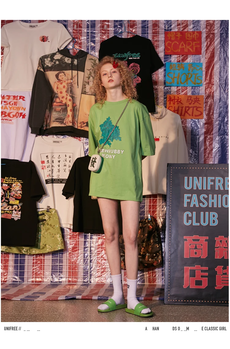 UNIFREE, летний топ, зеленая футболка, женская, с коротким рукавом, свободная, с принтом, хлопок, хип-хоп, для девушек, футболка, длинная, женская, UYY192G005