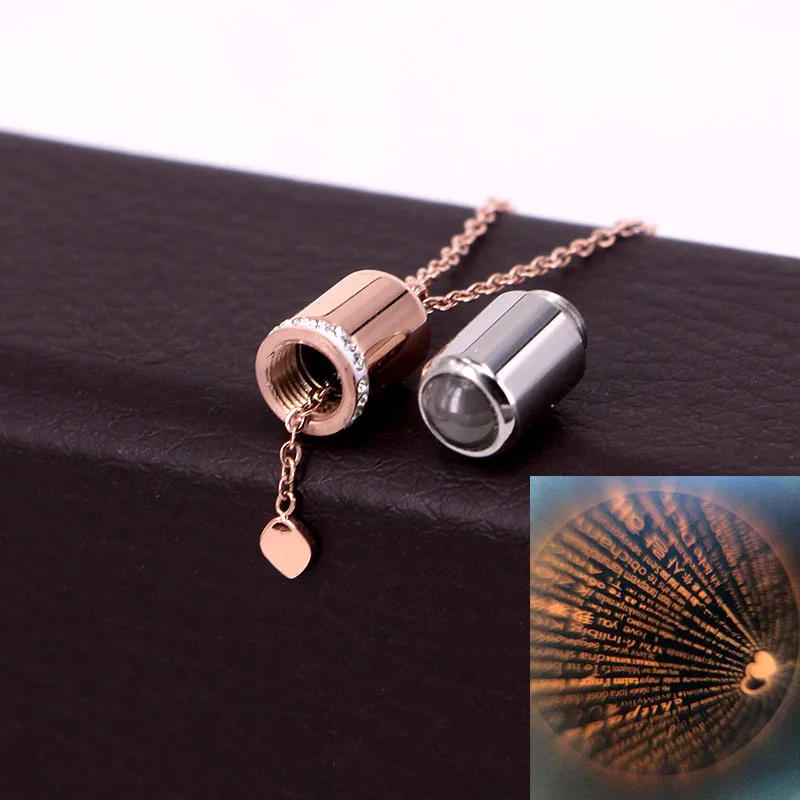 Stainless Steel 100 languages Heart I love you Projection Capsule Pendant Necklace Fashion Women Jewelry Valentine's day Gift |