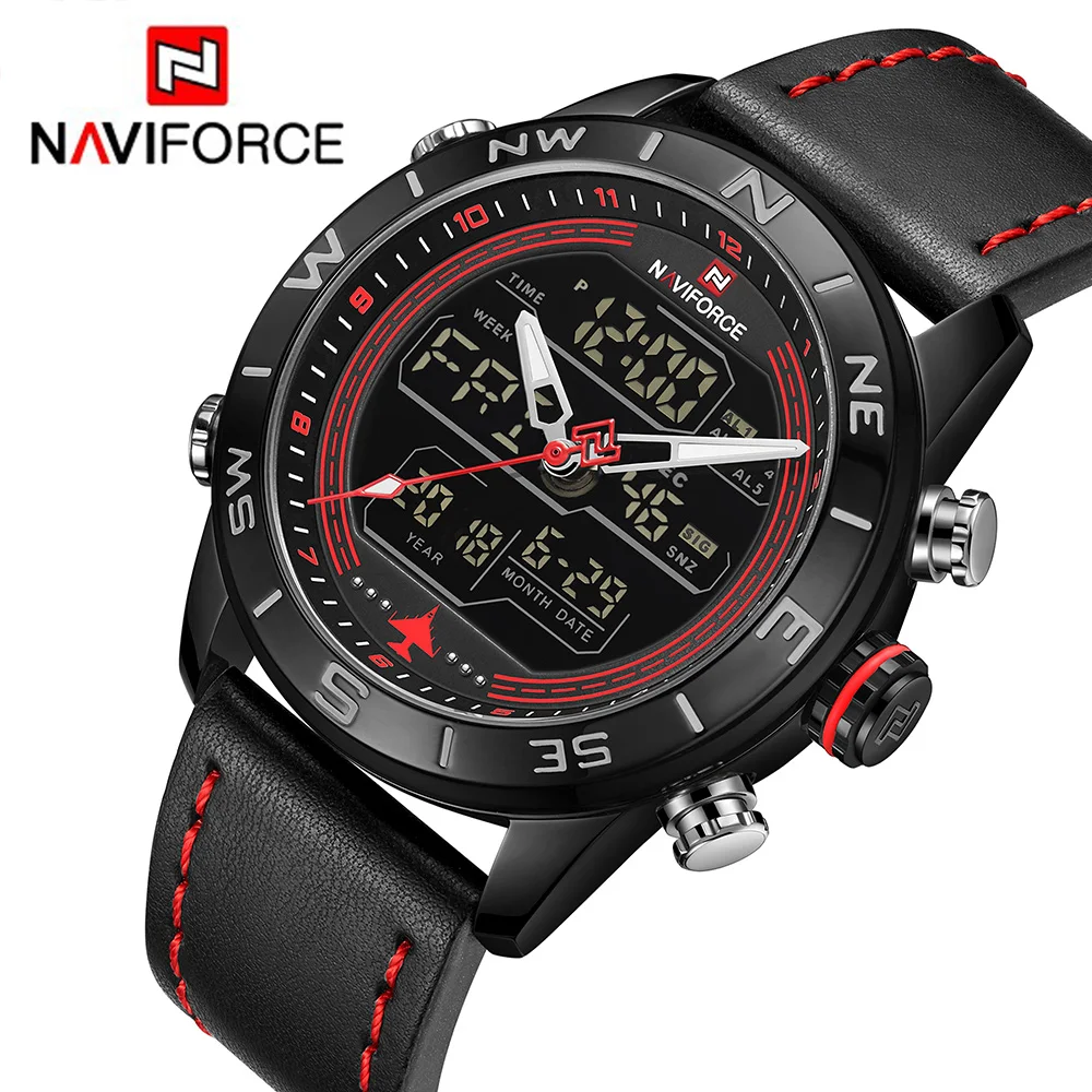 NAVIFORCE спортивные мужские часы кожаные аналоговые СВЕТОДИОДНЫЕ Цифровые