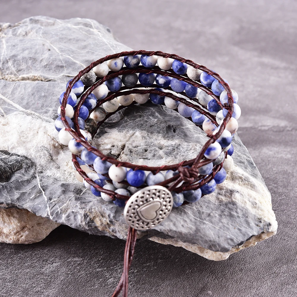 Браслеты Asingeloo из натурального камня ручной работы 3 обертывания плетеные синие
