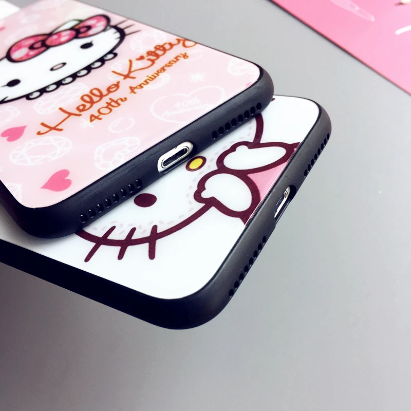 Стеклянная задняя чехол для iPhone 8 plus kitty + протектор экрана мультфильм Милый Котик