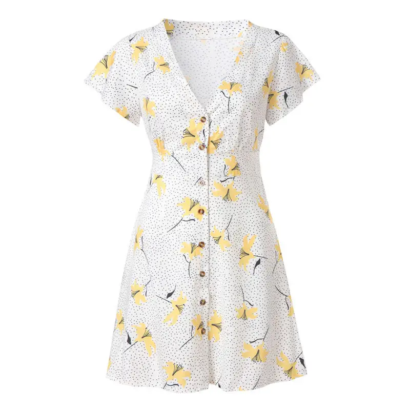 Женское мини платье с v образным вырезом и пуговицами свободное вечернее